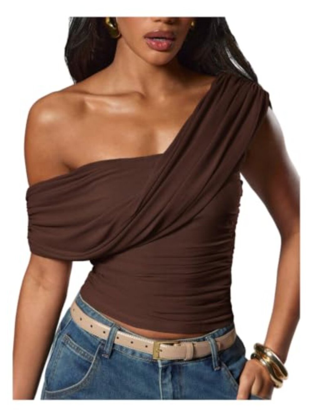 Women One Off Shoulder Cropped Mesh Draped Y2k Tank Top